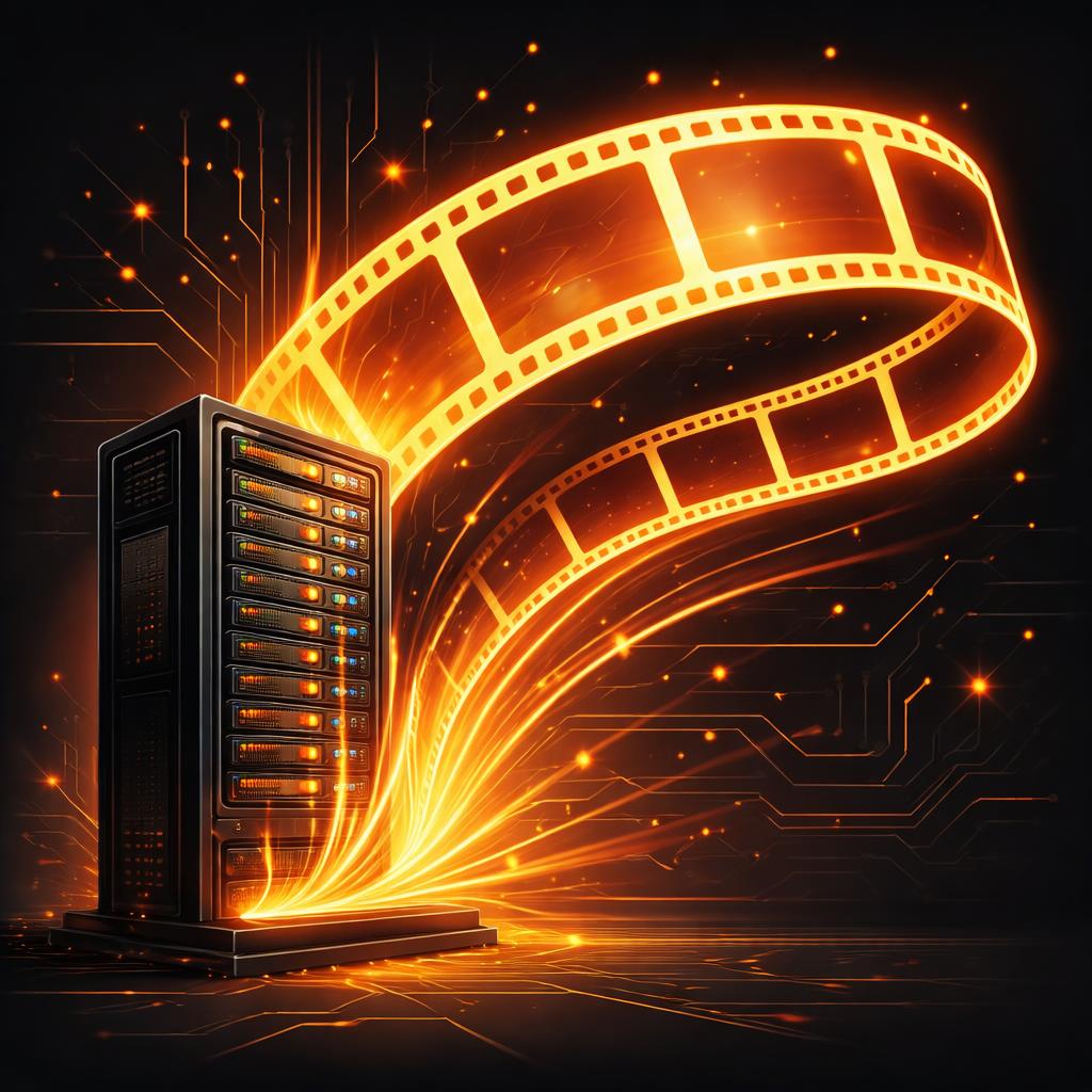 Automated video rendering pipeline A server rack emitting glowing data streams into a film strip