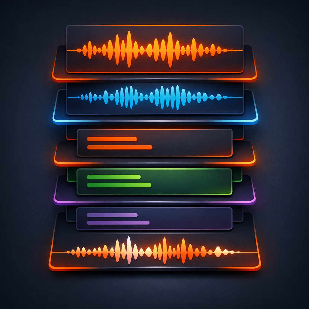 Abstract visualization of multilingual audio and caption layers in a video pipeline. Multilingual audio and caption layers