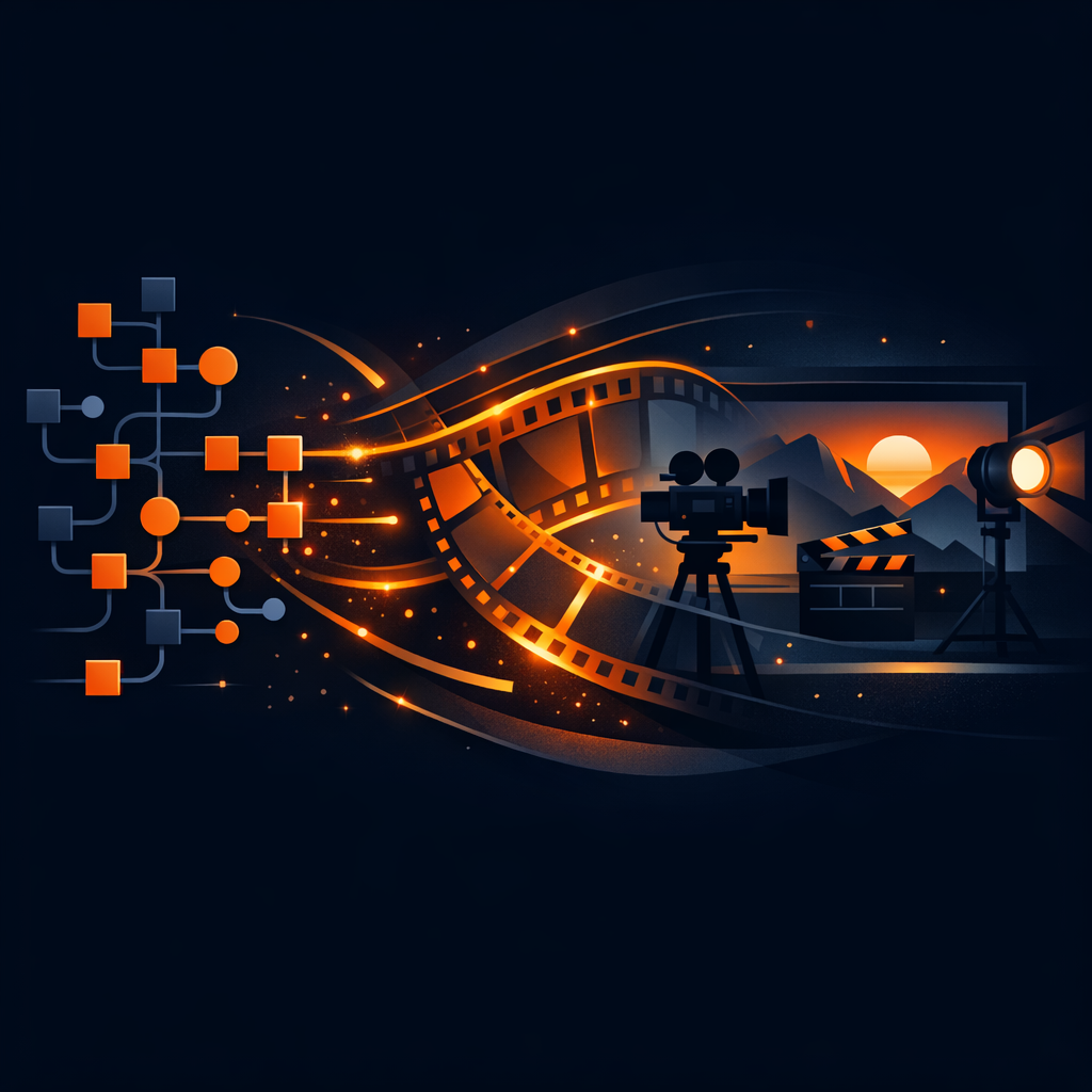 Abstract representation of a JSON tree transforming into a cinematic video scene.