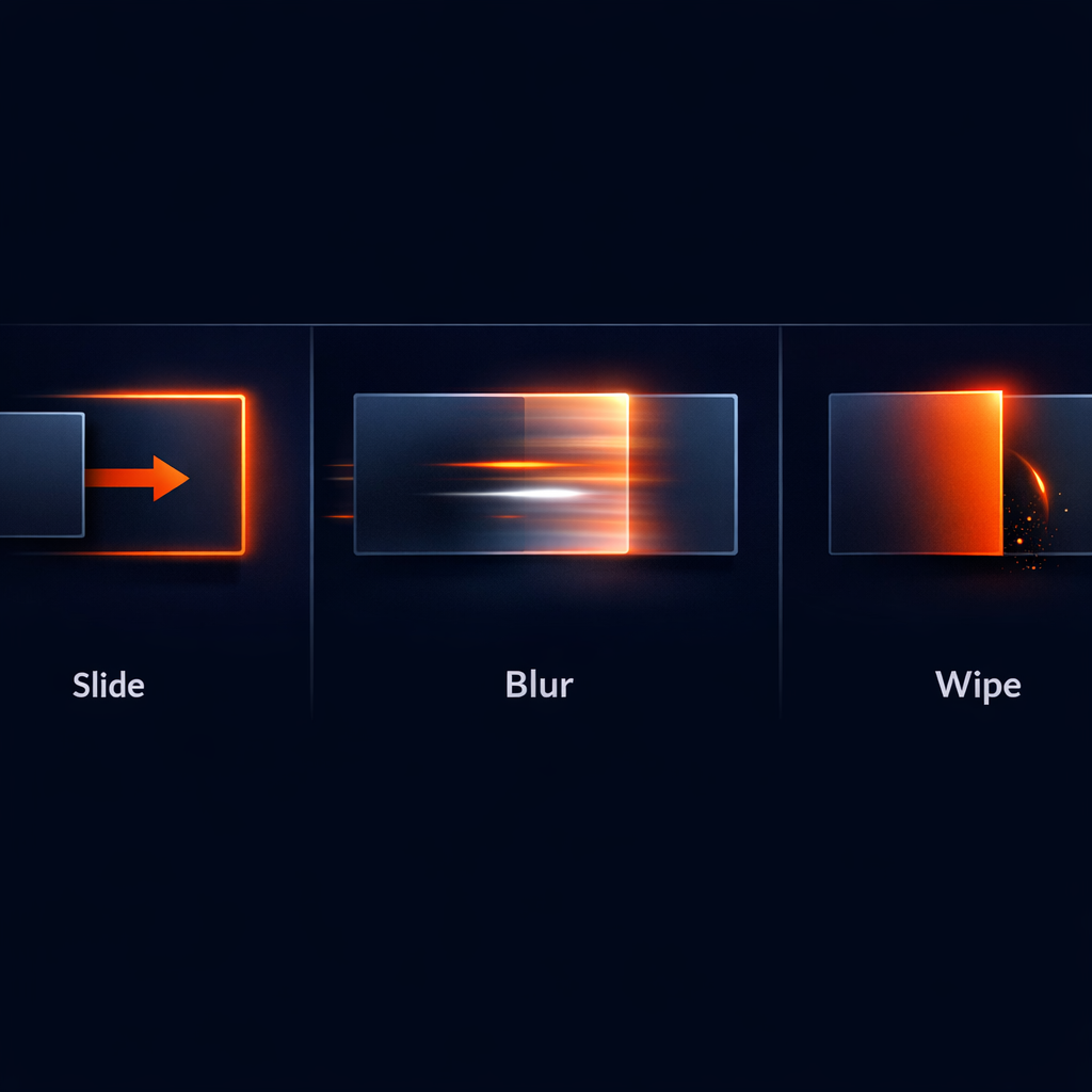 Diagram illustrating different types of motion transitions: slides, blurs, and wipes.