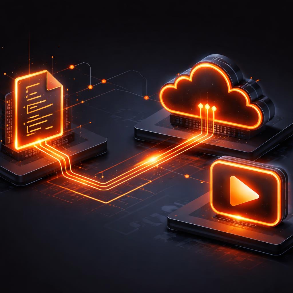 A technical diagram showing a JSON document flowing into a serverless cloud icon and transforming into a video play button