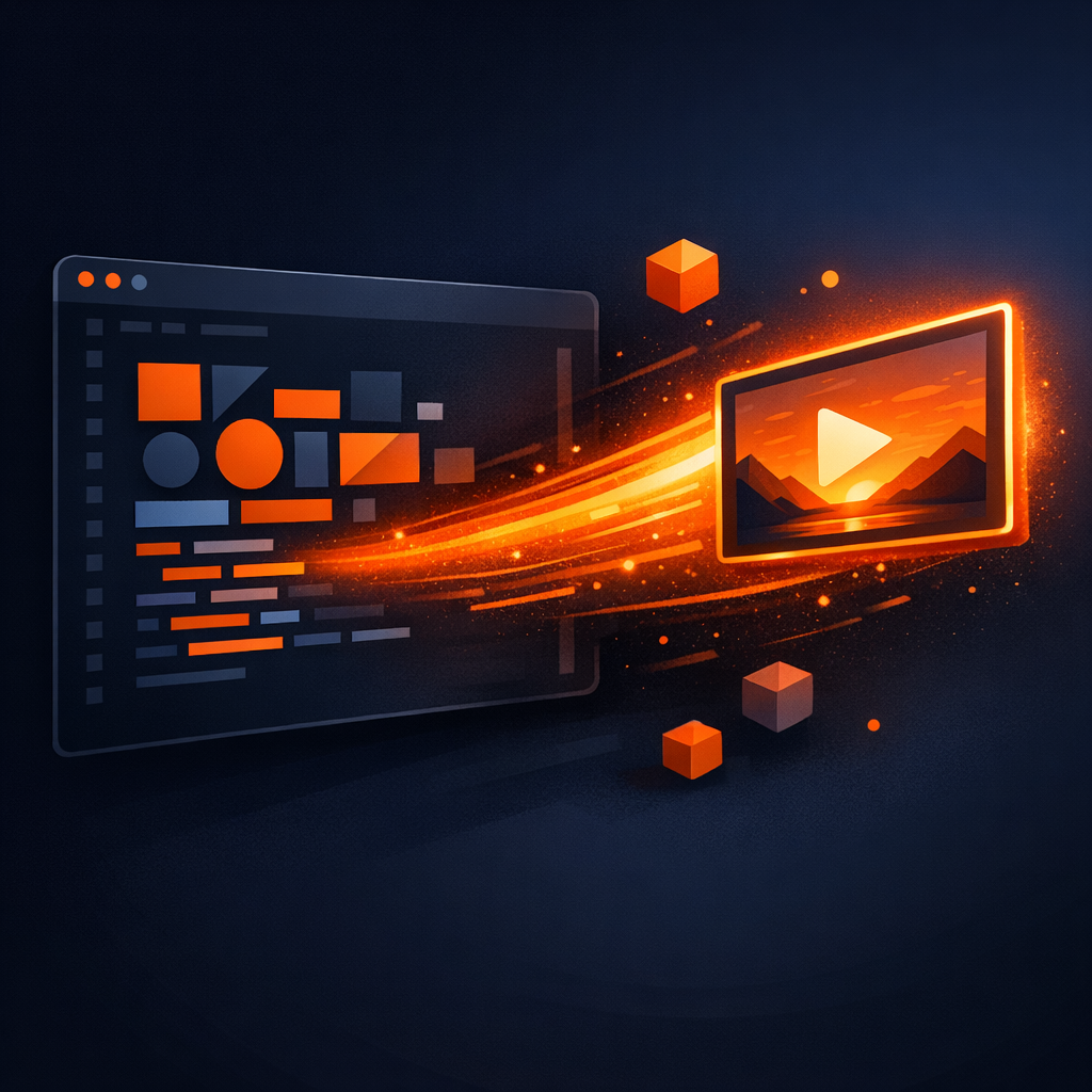 Rendering video as code An illustration showing a code editor rendering a video frame in a glowing orange trail