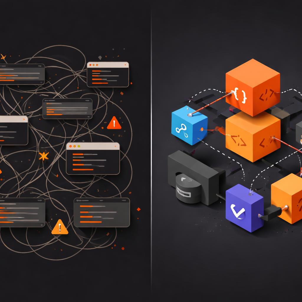 A comparison between shell commands and clean TypeScript blocks.
