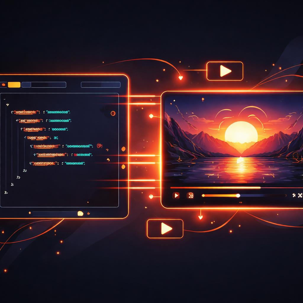A stylised code editor showing a JSON object transforming into a vibrant video frame.