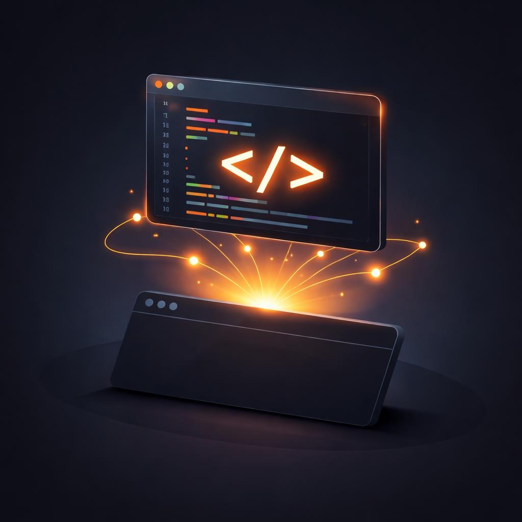 A clean code snippet floating above a headless browser silhouette