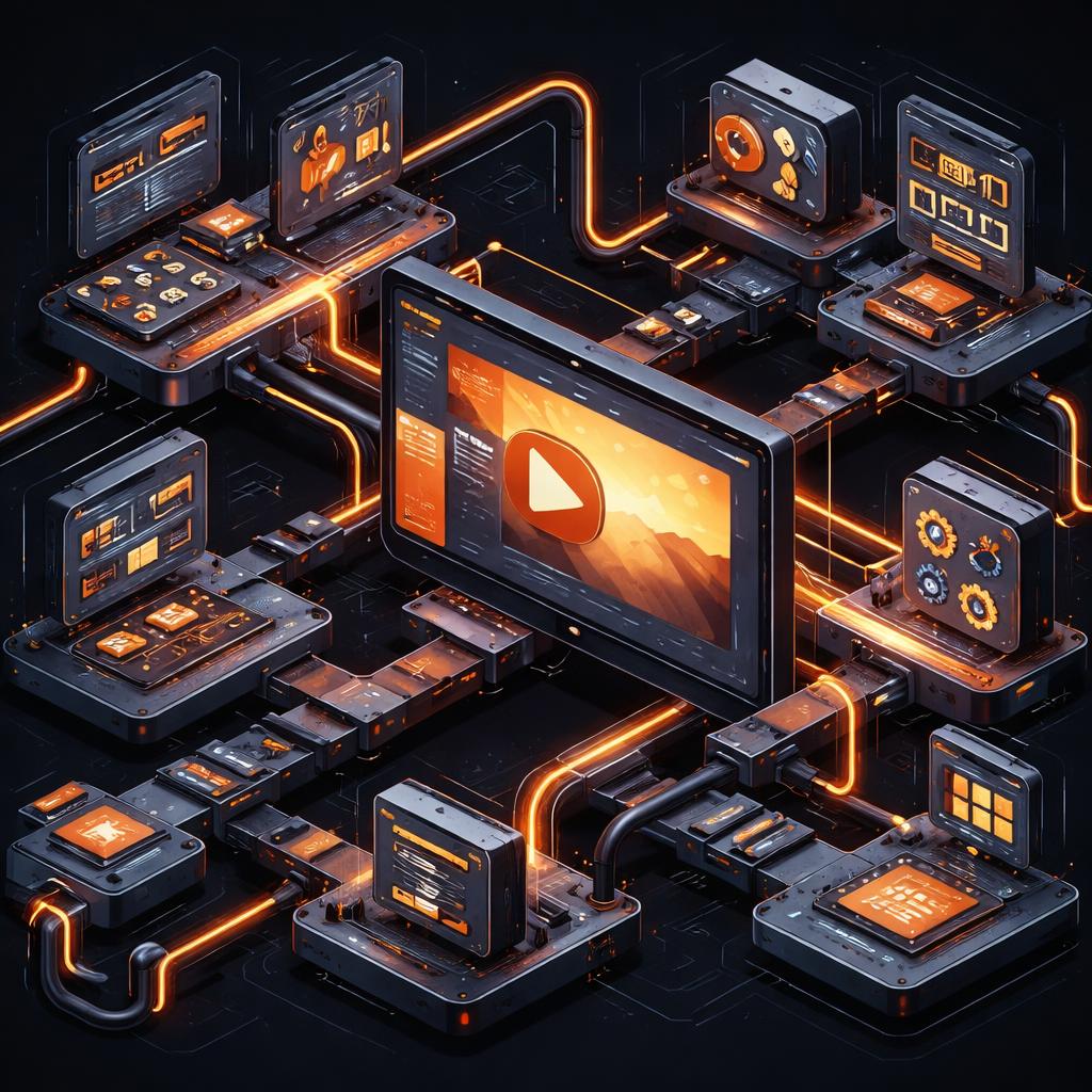 An isometric view of a modular pipeline where code blocks are being assembled into a high-definition video frame.