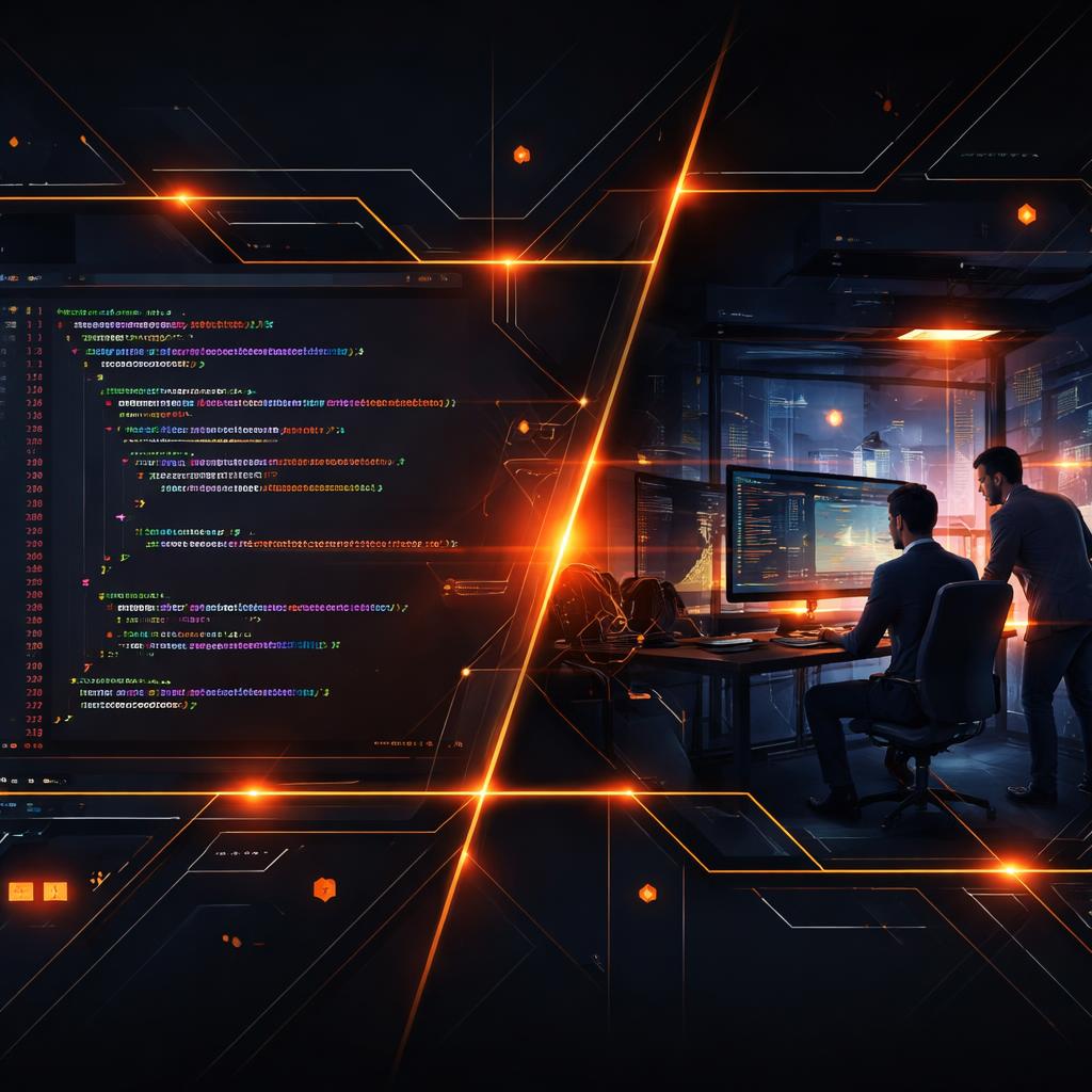 A split screen showing TypeScript code on the left and a cinematic video frame on the right