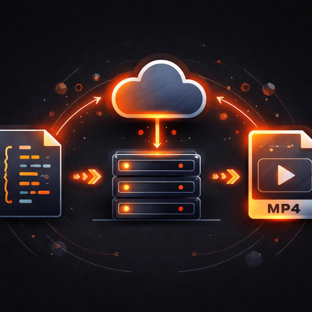A diagram showing a JSON object transforming into an MP4 file through a cloud server icon