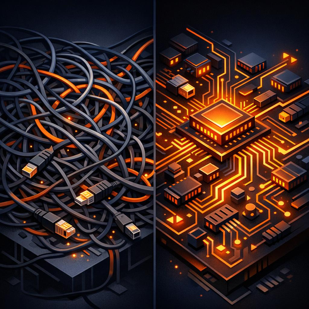 FFmpeg Complexity vs VideoFlow Simplicity A comparison showing a messy tangle of cables vs a clean orange circuit board.