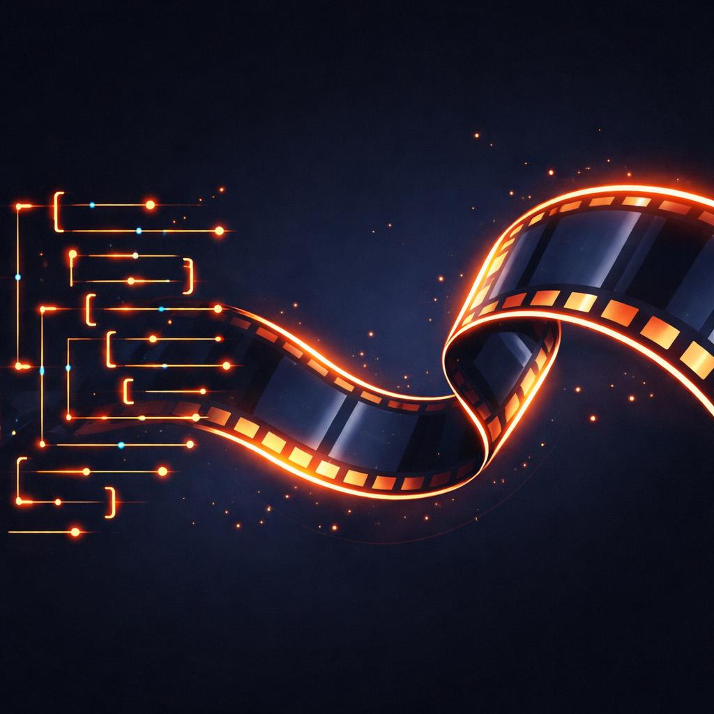 The transformation from VideoJSON to multi-format video outputs JSON tree transforming into a fluid film strip