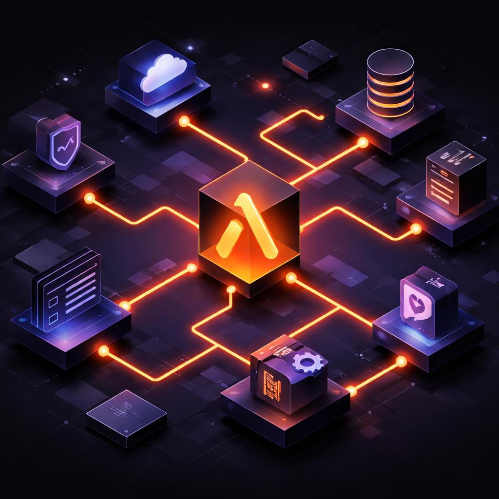 A modern isometric diagram of a serverless video rendering architecture. Serverless Architecture