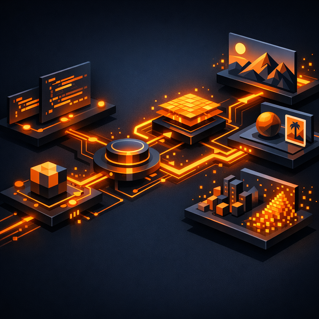 The VideoFlow serverless rendering pipeline A glowing isometric render pipeline representing the transition from code to video