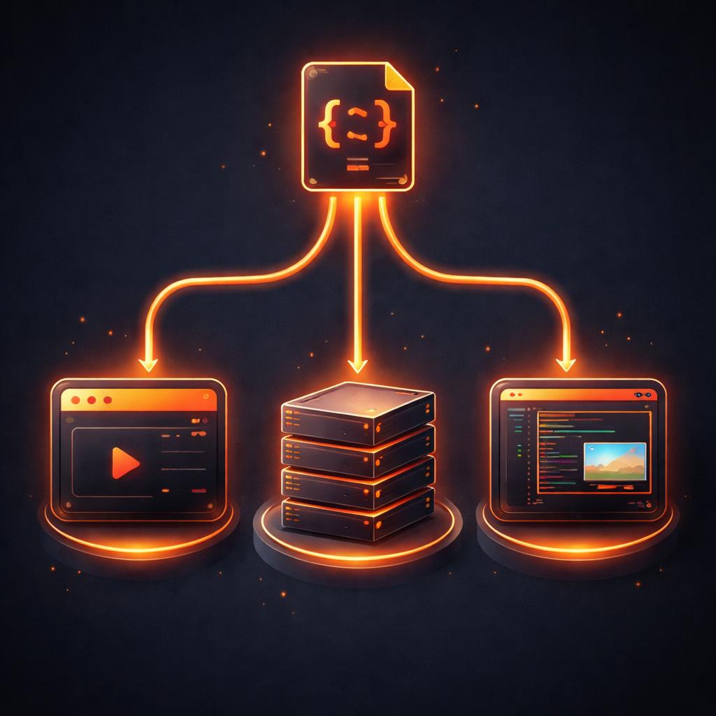 A technical diagram showing the VideoFlow JSON-first architecture. The 3-Renderer Rule Architecture
