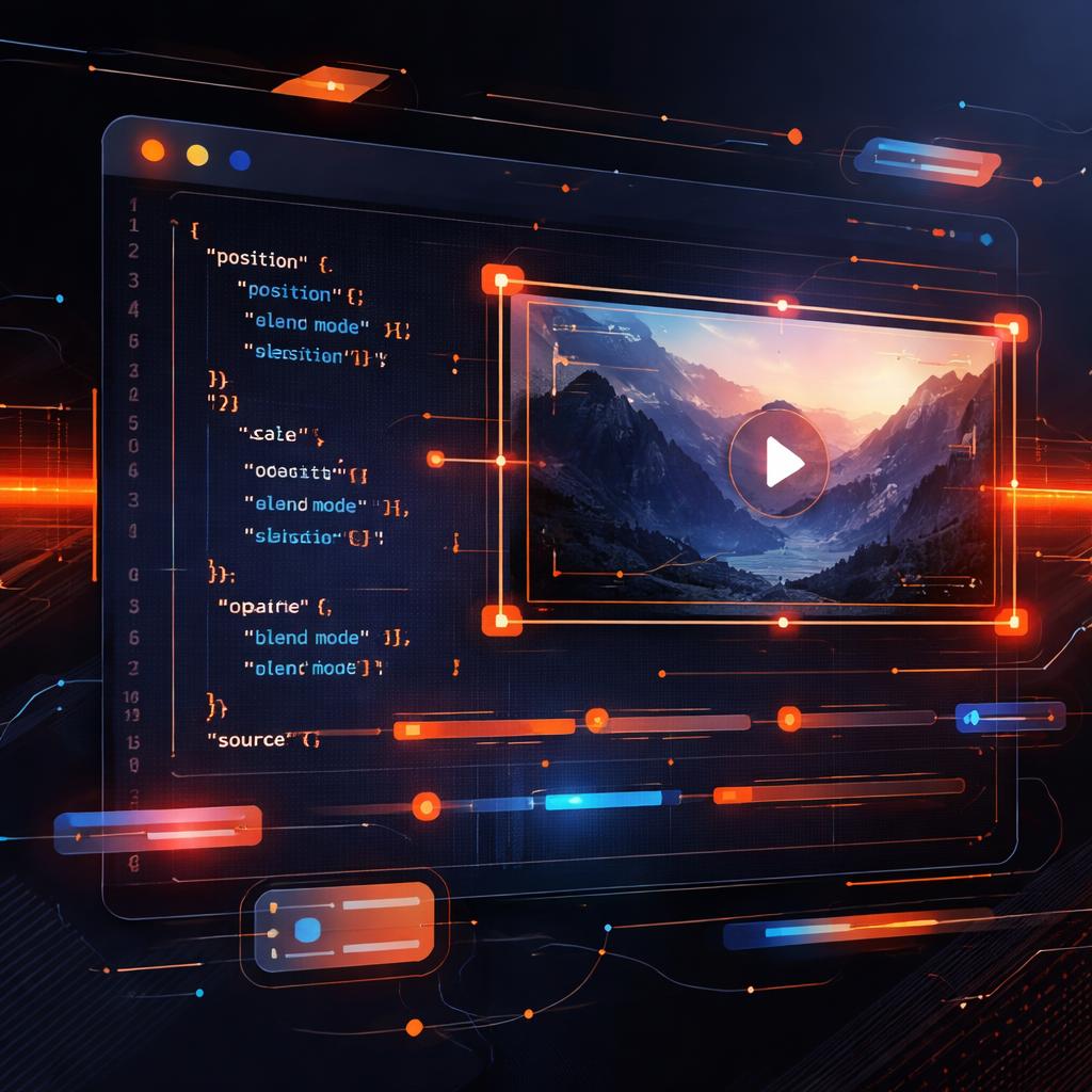 Abstract representation of JSON code being transformed into video frames. JSON as Video Data