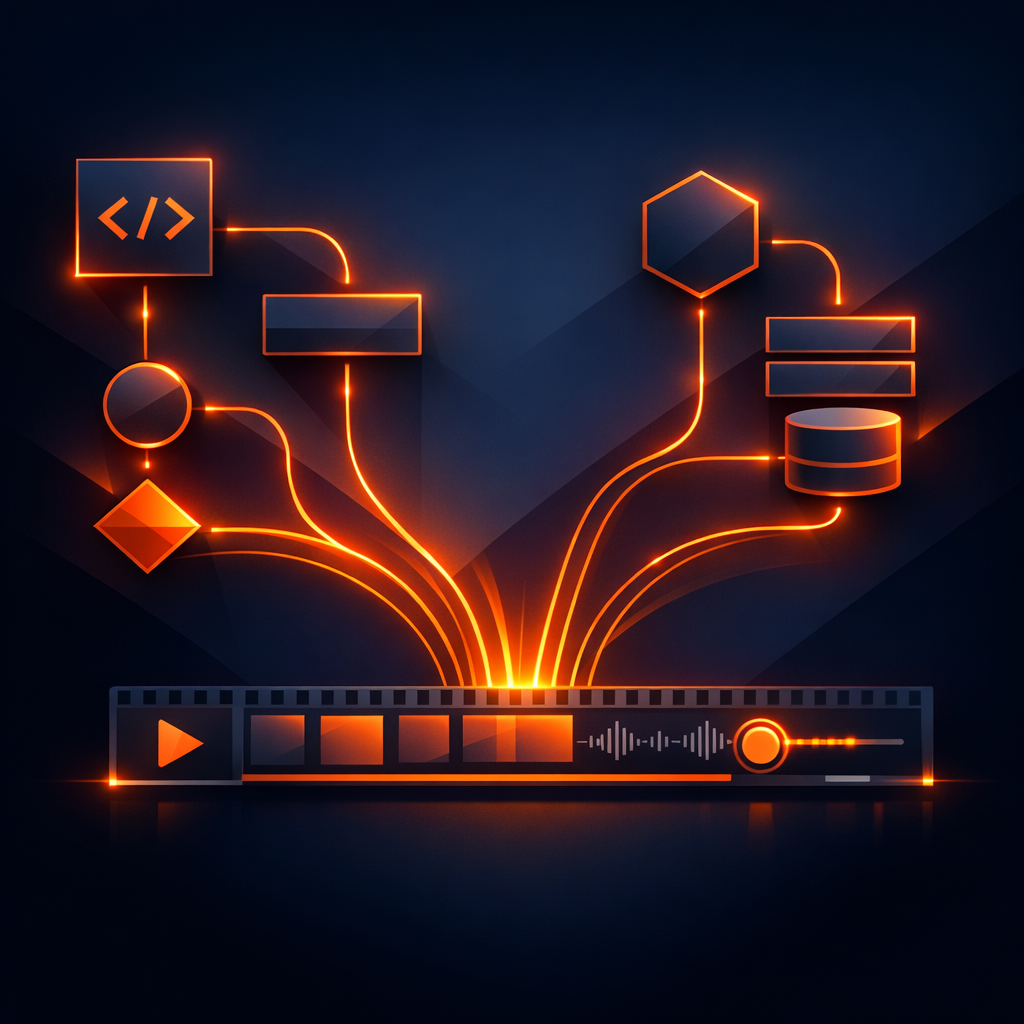 Abstract flow of data transforming into a video timeline Logic Flow Diagram