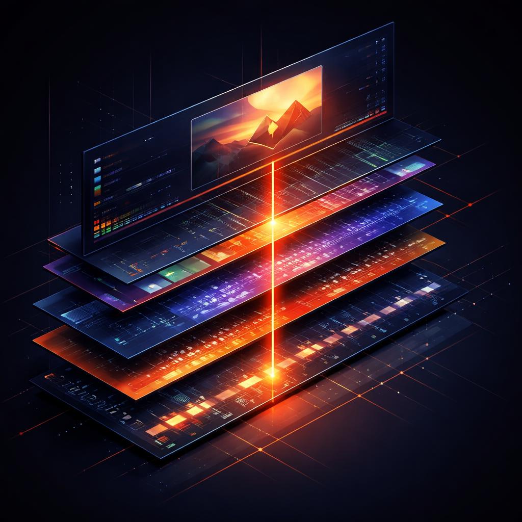 An isometric illustration of a video timeline with layers being composited into a single frame.