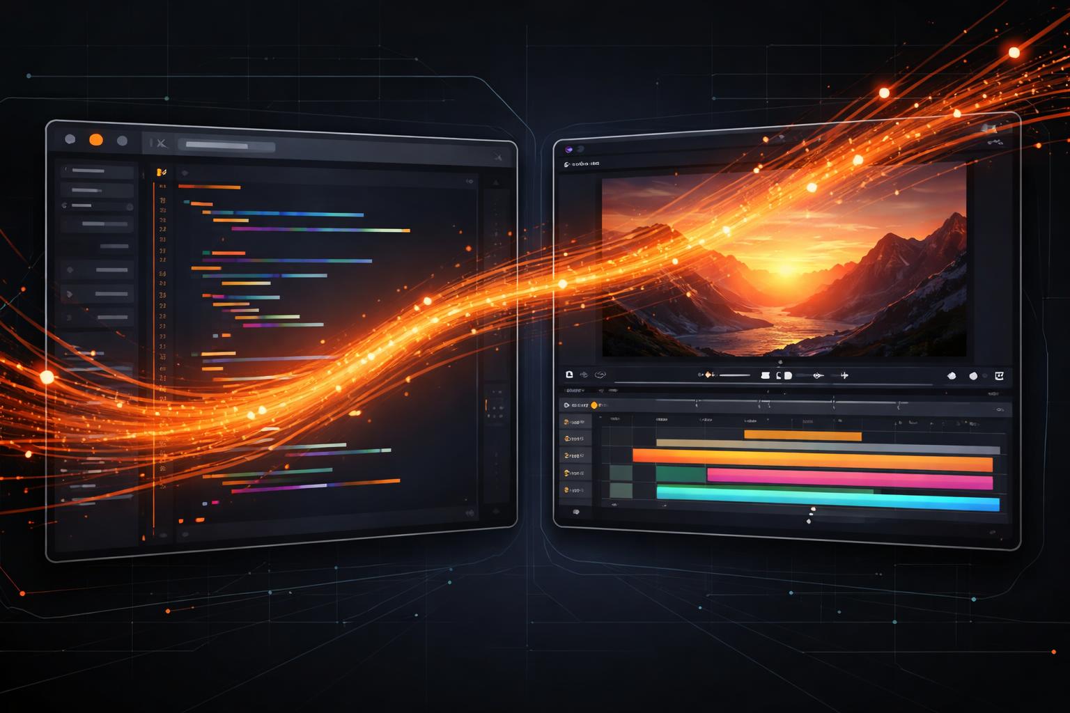 Frame-accurate live preview synced with code-driven video definitions. Live Preview vs Code