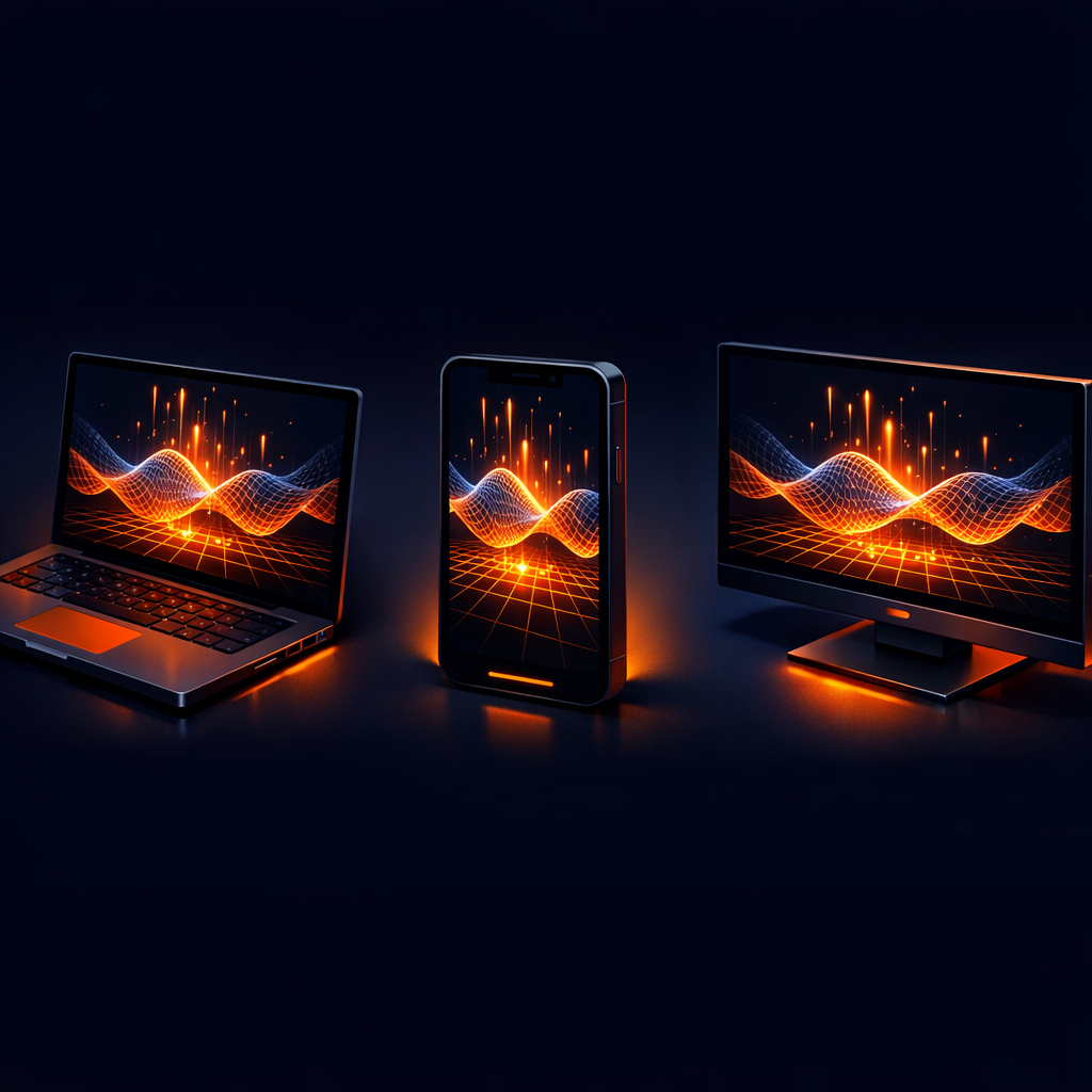 A side-by-side comparison of a complex GLSL effect looking identical on three different stylized devices.