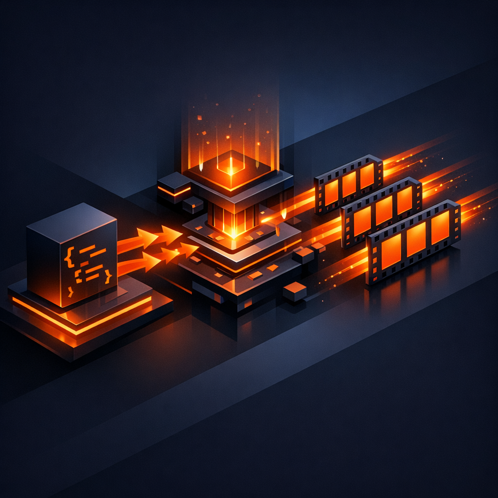 A stylized render pipeline showing a single JSON block being processed into three identical film strips.