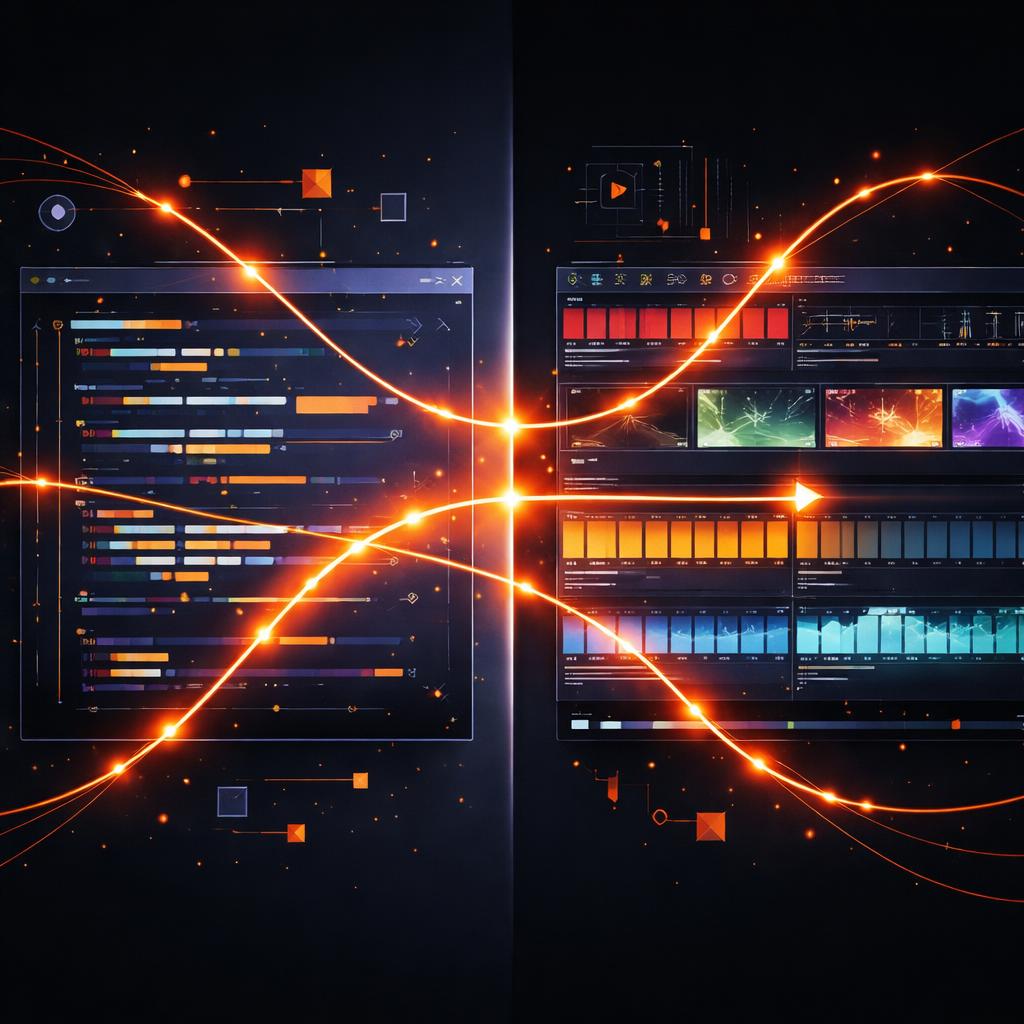 Comparison of code-driven video and visual timeline preview Editor and Timeline Illustration