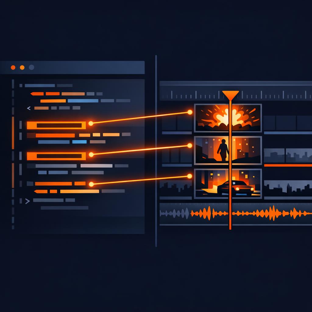 VideoFlow architecture connecting code to live preview A technical diagram showing VideoFlow's architecture where code connects to a frame-accurate timeline.