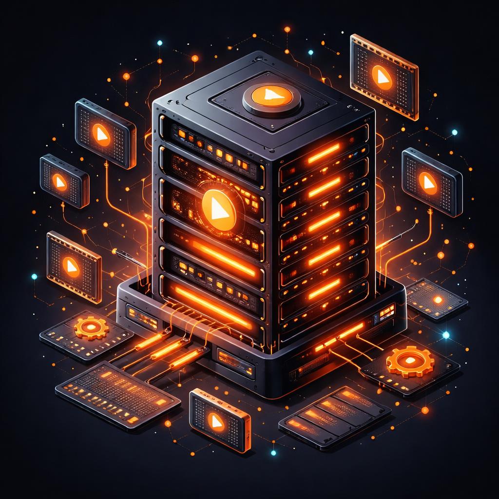 Isometric view of a server rack processing video data blocks Server-Side Rendering Pipeline