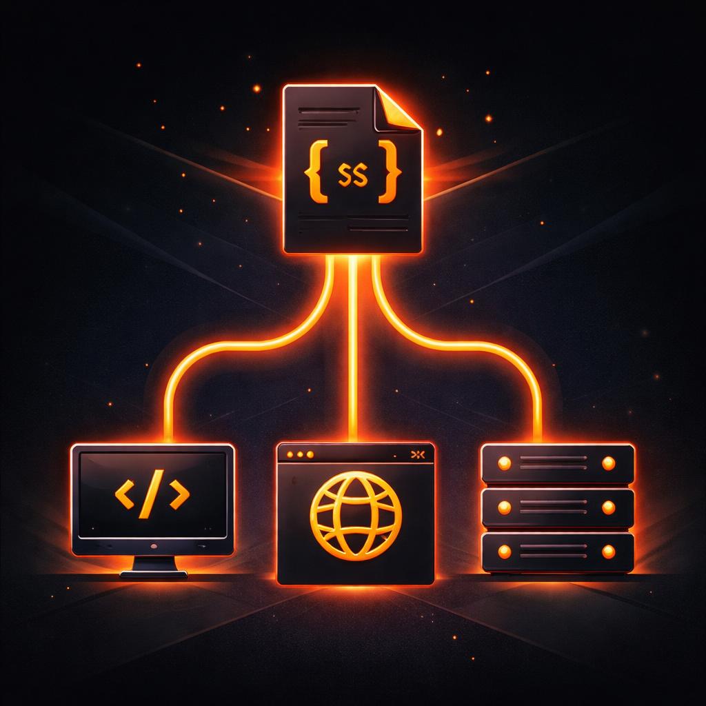 A technical diagram showing a single JSON document flowing into three different engine symbols: a monitor, a browser, and a server rack. The Architecture of Portability
