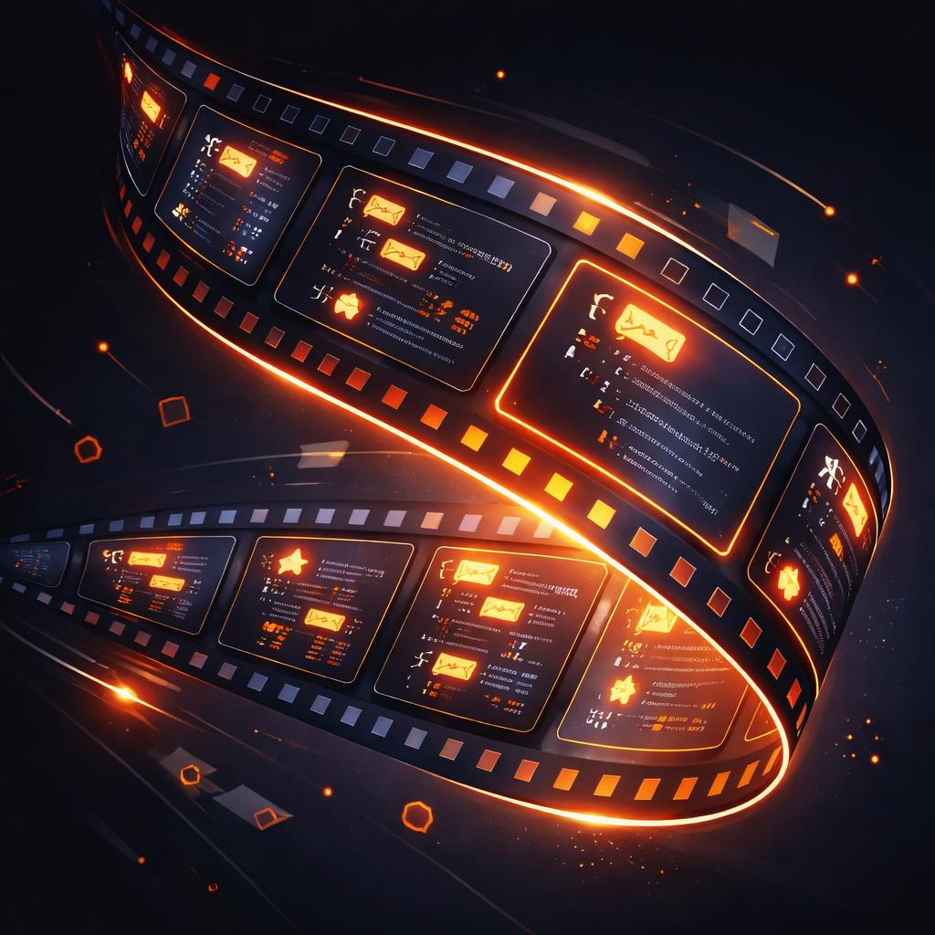 A close-up of a digital film strip being composed of glowing code blocks and JSON tokens. The Render Pipeline