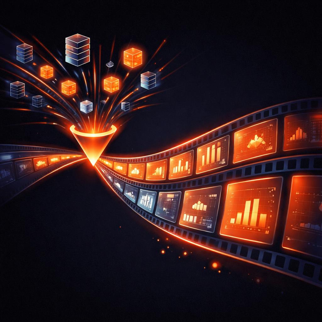 The VideoFlow render pipeline showing data blocks flowing into a film strip