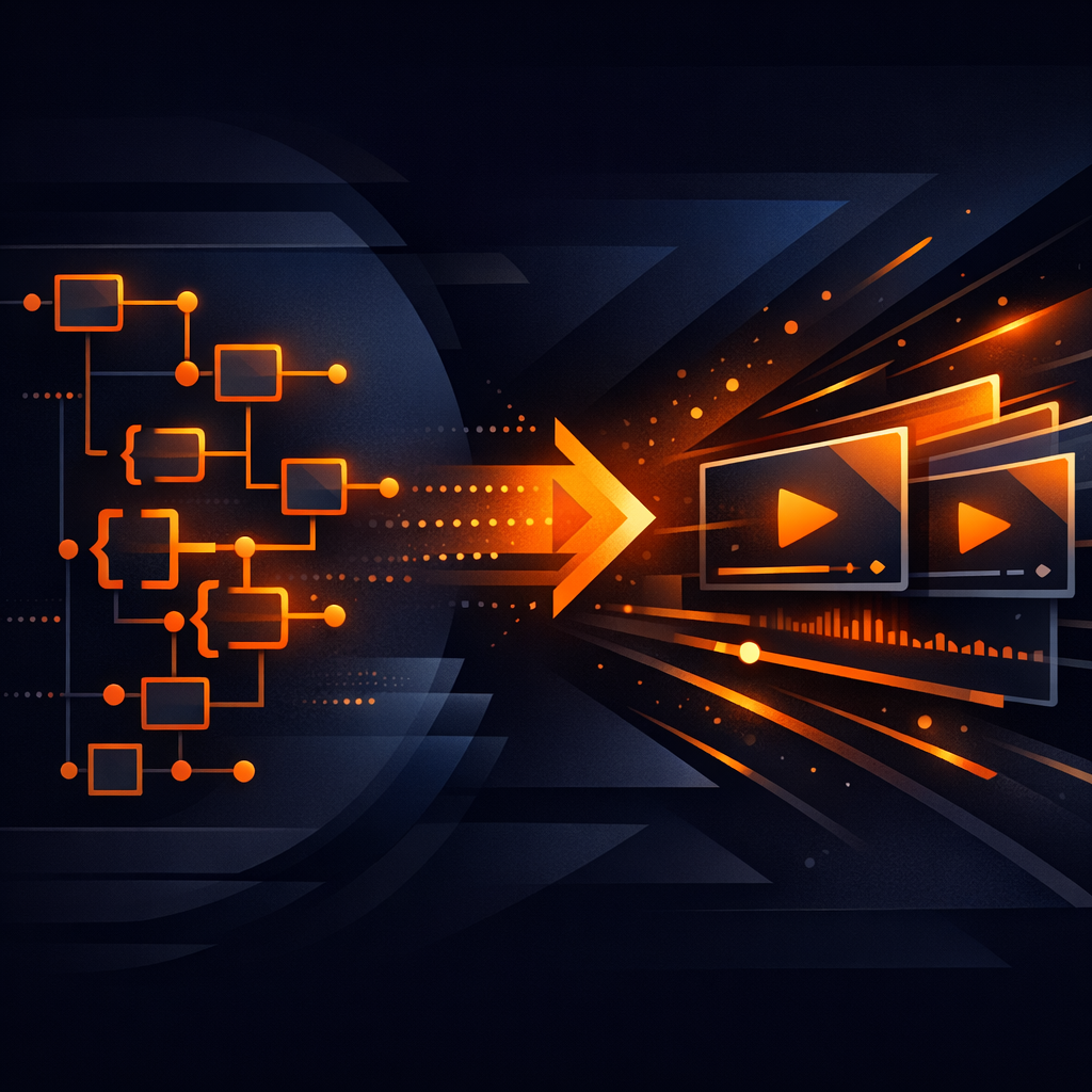 Abstract representation of a JSON tree structure morphing into a video frame sequence