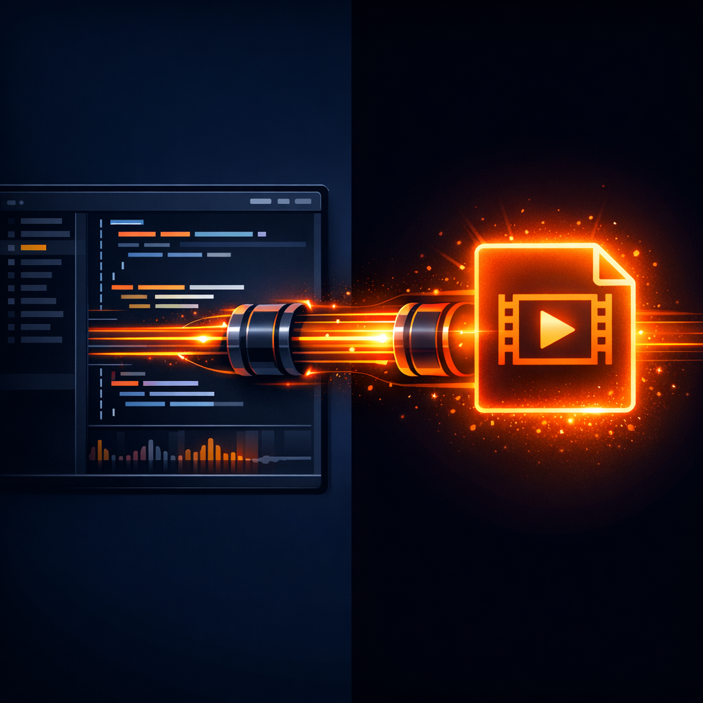 A split-screen visual showing a code editor and a glowing MP4 icon connected by a data pipeline