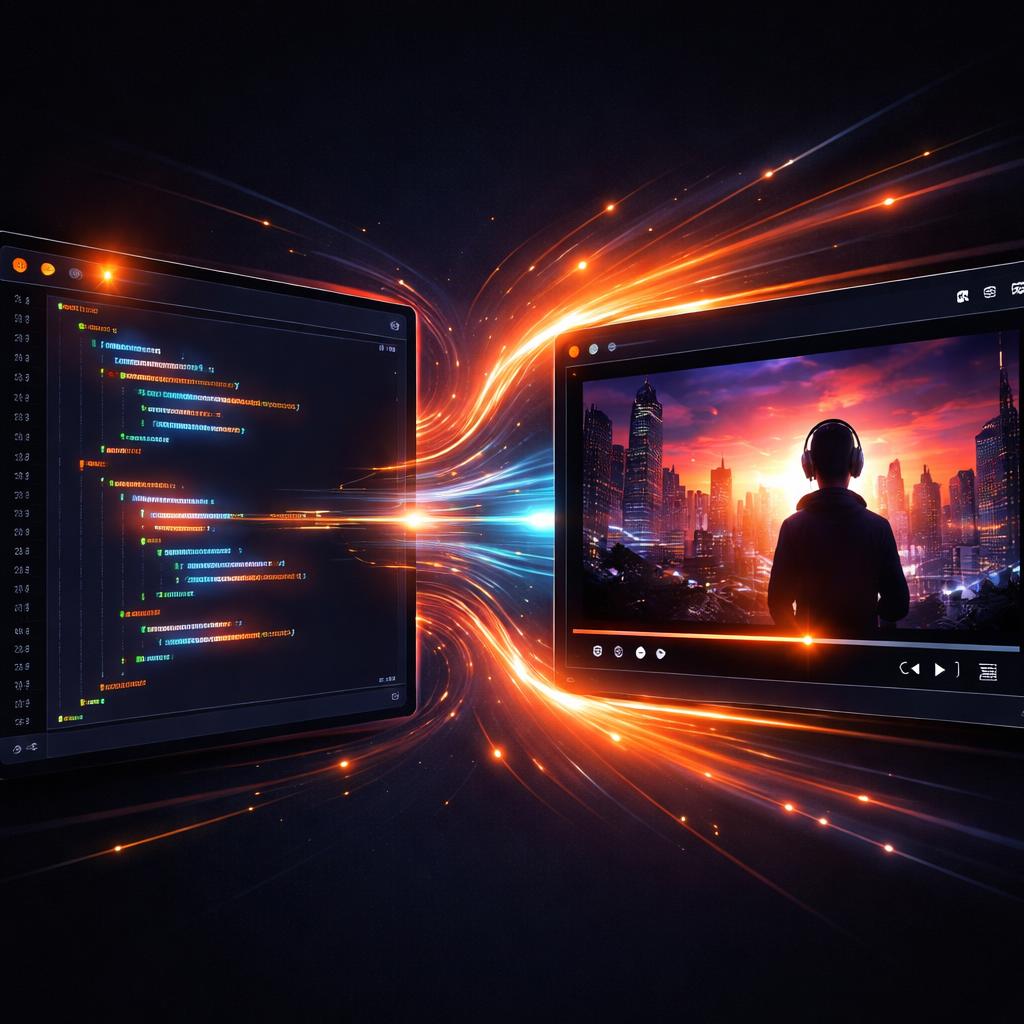 The instant feedback loop between code and preview A stylized code editor on the left with glowing JSON code connected to a video preview