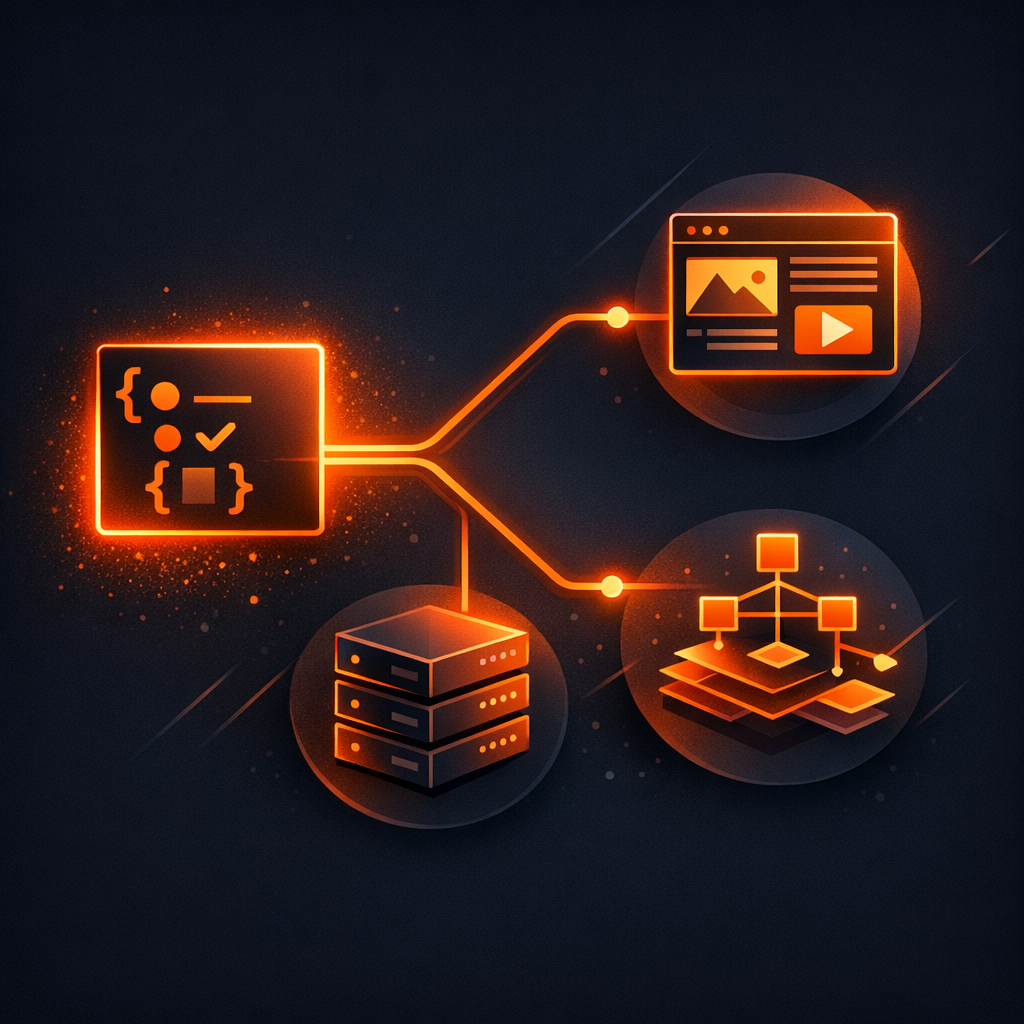 A technical diagram showing VideoJSON branching into three rendering nodes. The Three-Renderer Strategy architecture
