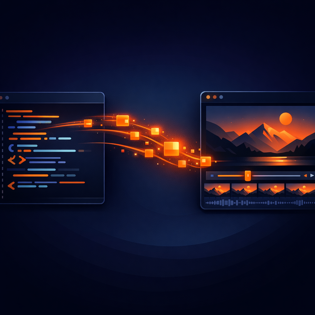 An illustration showing a code editor and a frame-accurate video preview timeline. Preview and timeline synchronization