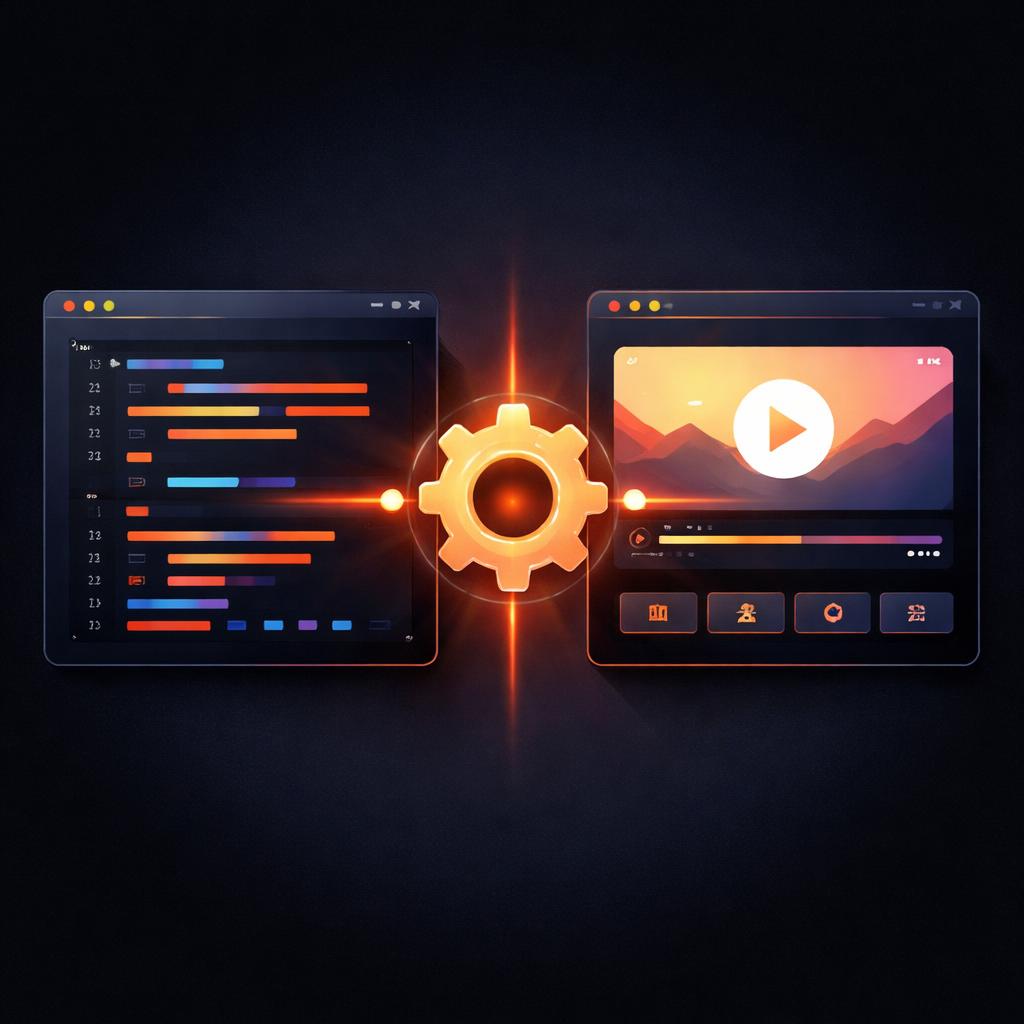 Linking code logic to video output via testing A split screen showing abstract code blocks linked to a video preview window