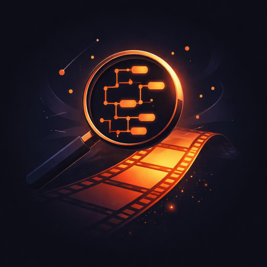Inspecting VideoJSON for unit testing A magnifying glass inspecting a JSON tree structure that morphs into a film strip