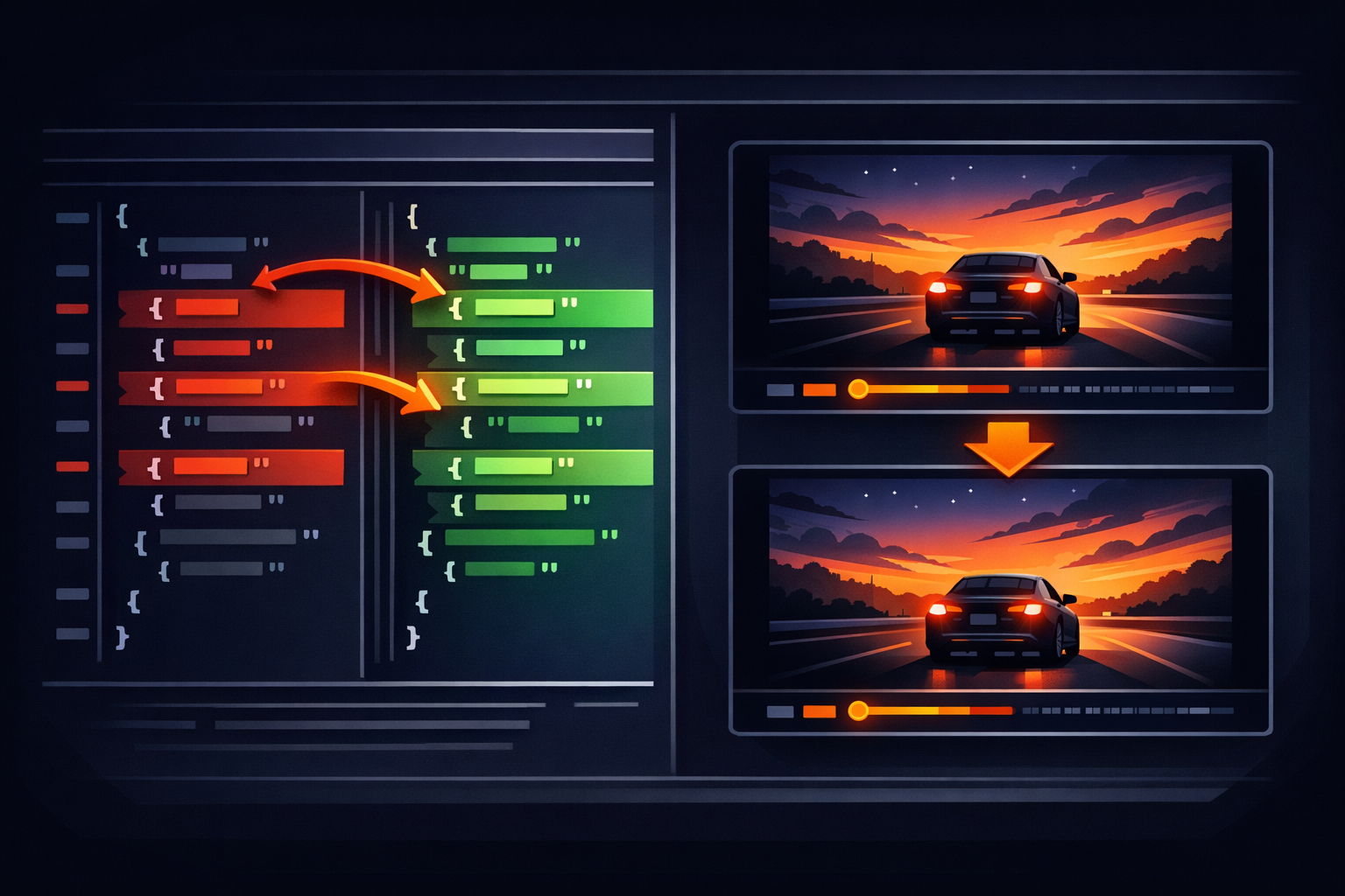 A split-screen view showing a code diff of a JSON file and video frames