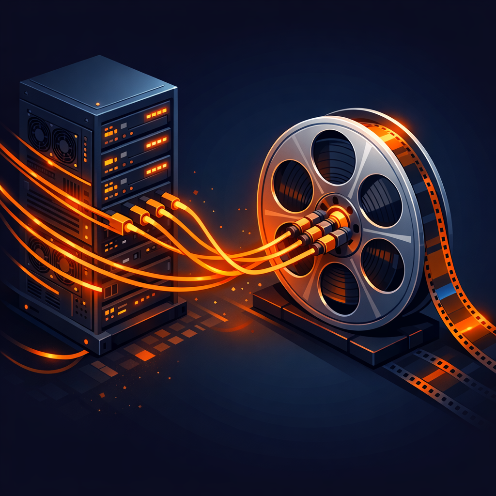 An isometric view of a server rack connected to a film reel