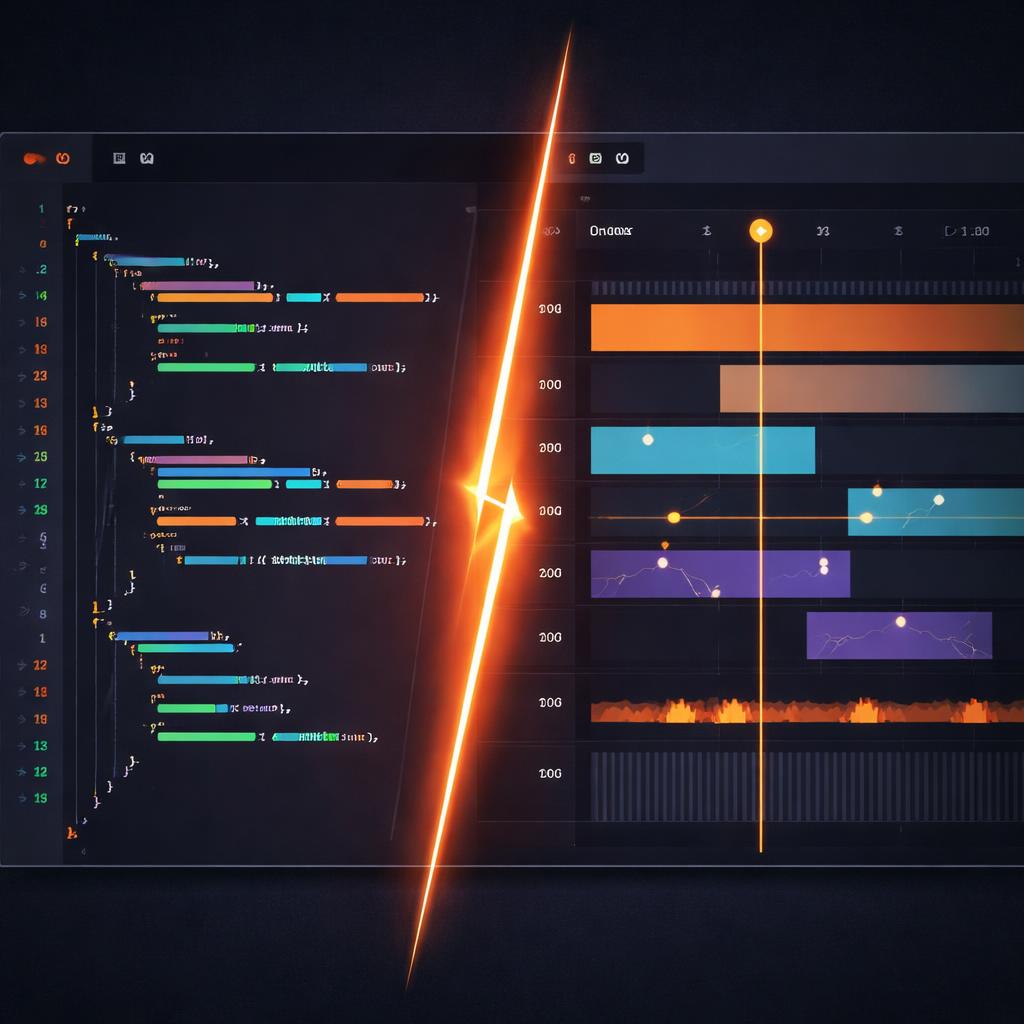 A technical comparison showing a JSON diff side-by-side with a video timeline.