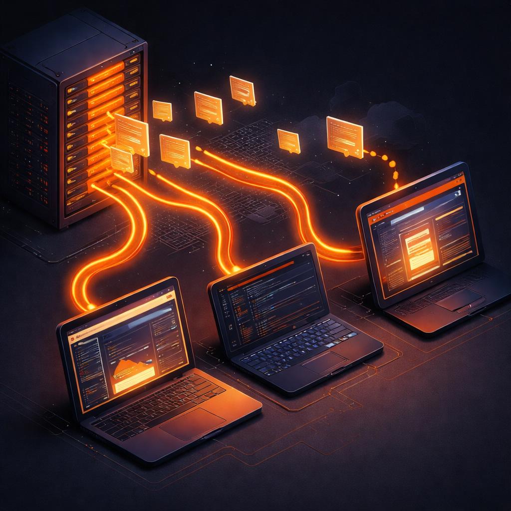 An isometric diagram showing JSON flowing into Browser, Server, and DOM renderers.