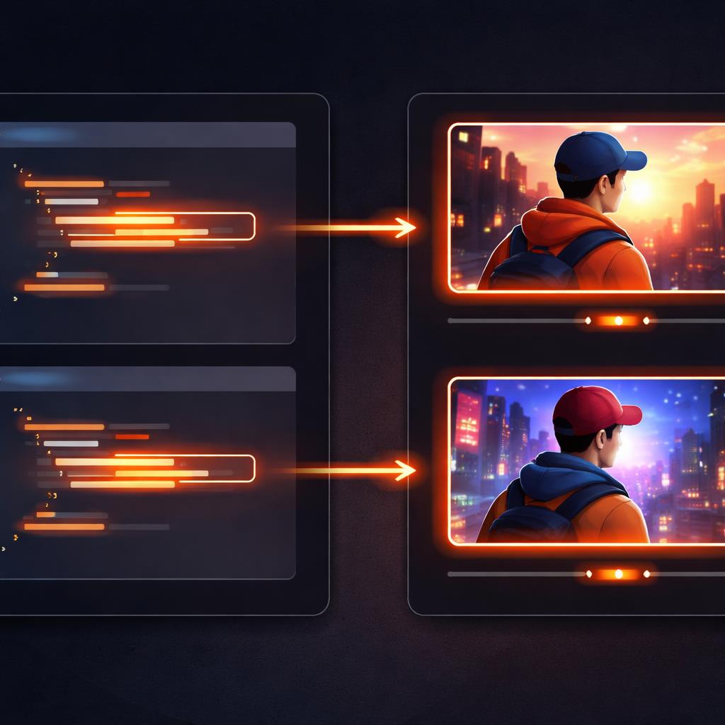 Video-as-Code allows for clear diffing and versioning of visual assets. A comparison showing JSON changes reflected in video frames