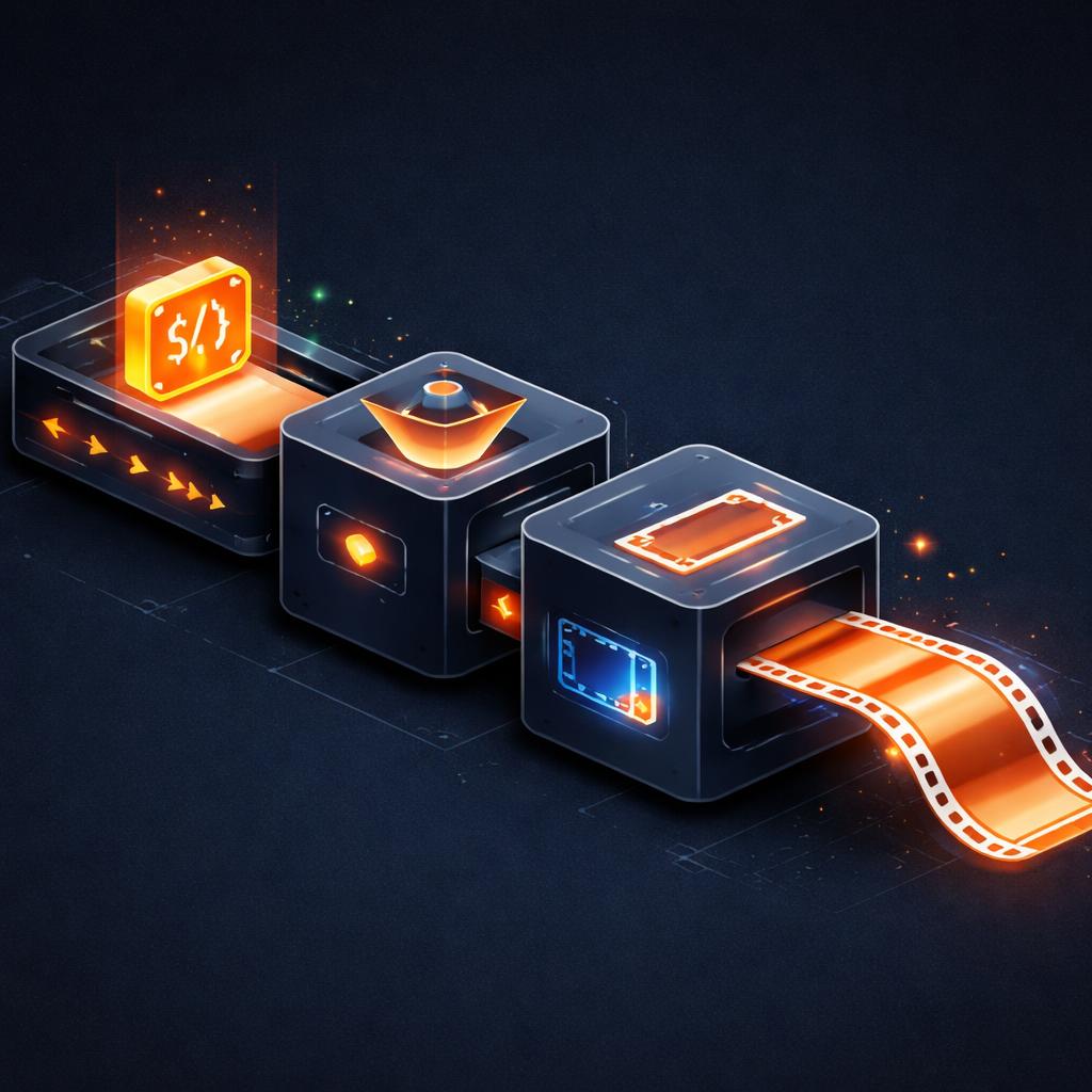Automated Video Rendering Pipeline A CI/CD pipeline visualised as a series of blocks.