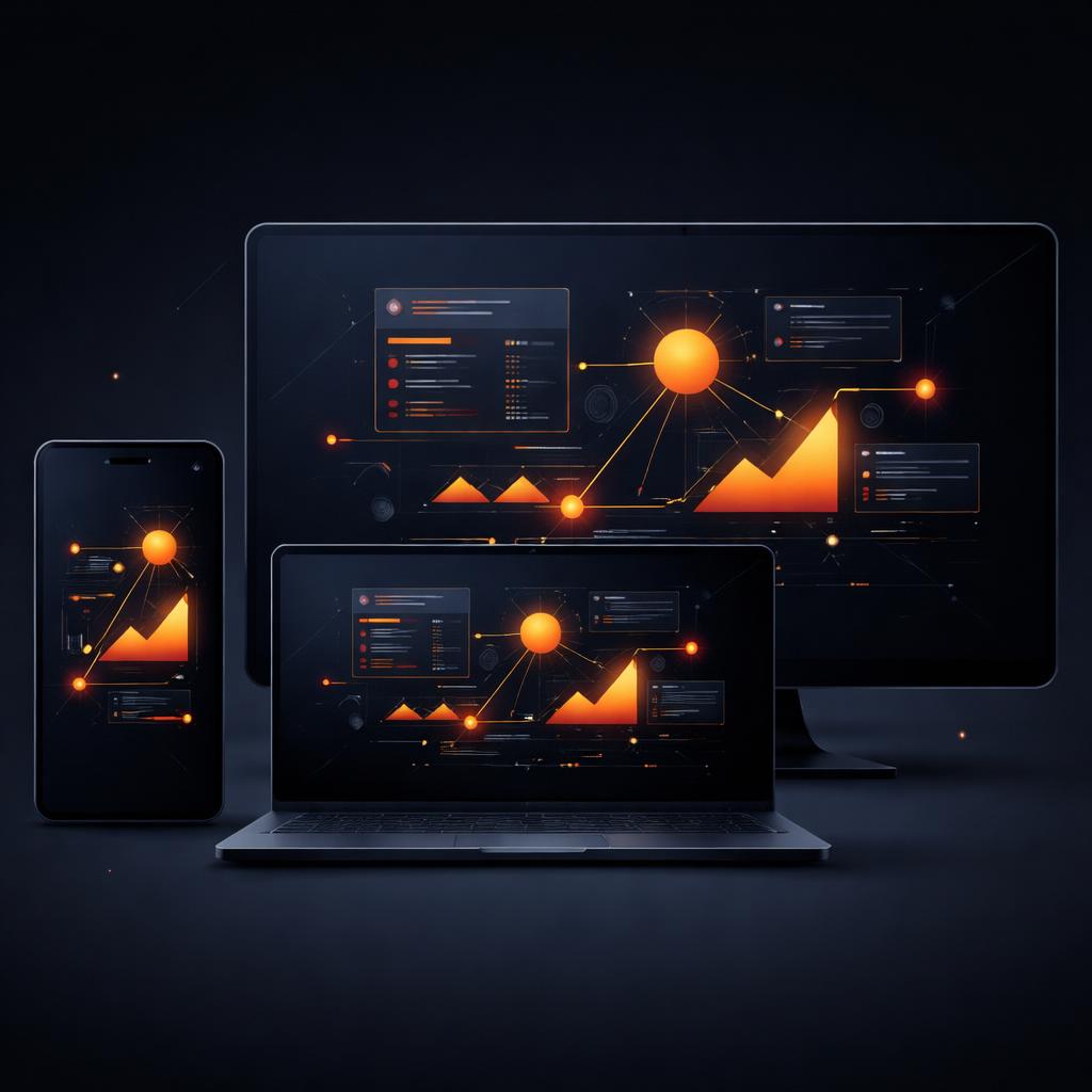 Three screens of different sizes (phone, laptop, TV) all displaying the exact same geometric composition perfectly centered.