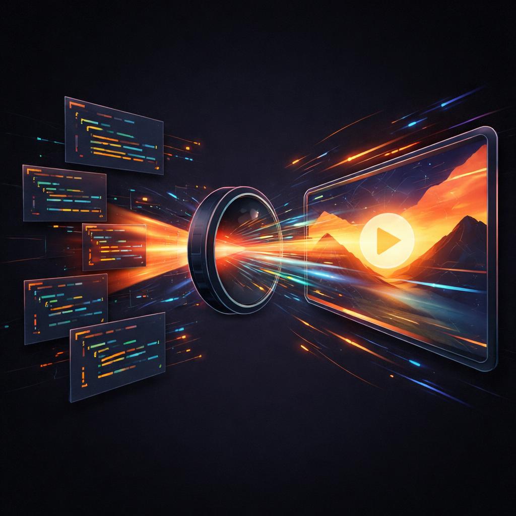 A 3D isometric view of code blocks being transformed by a lens into a vibrant video scene