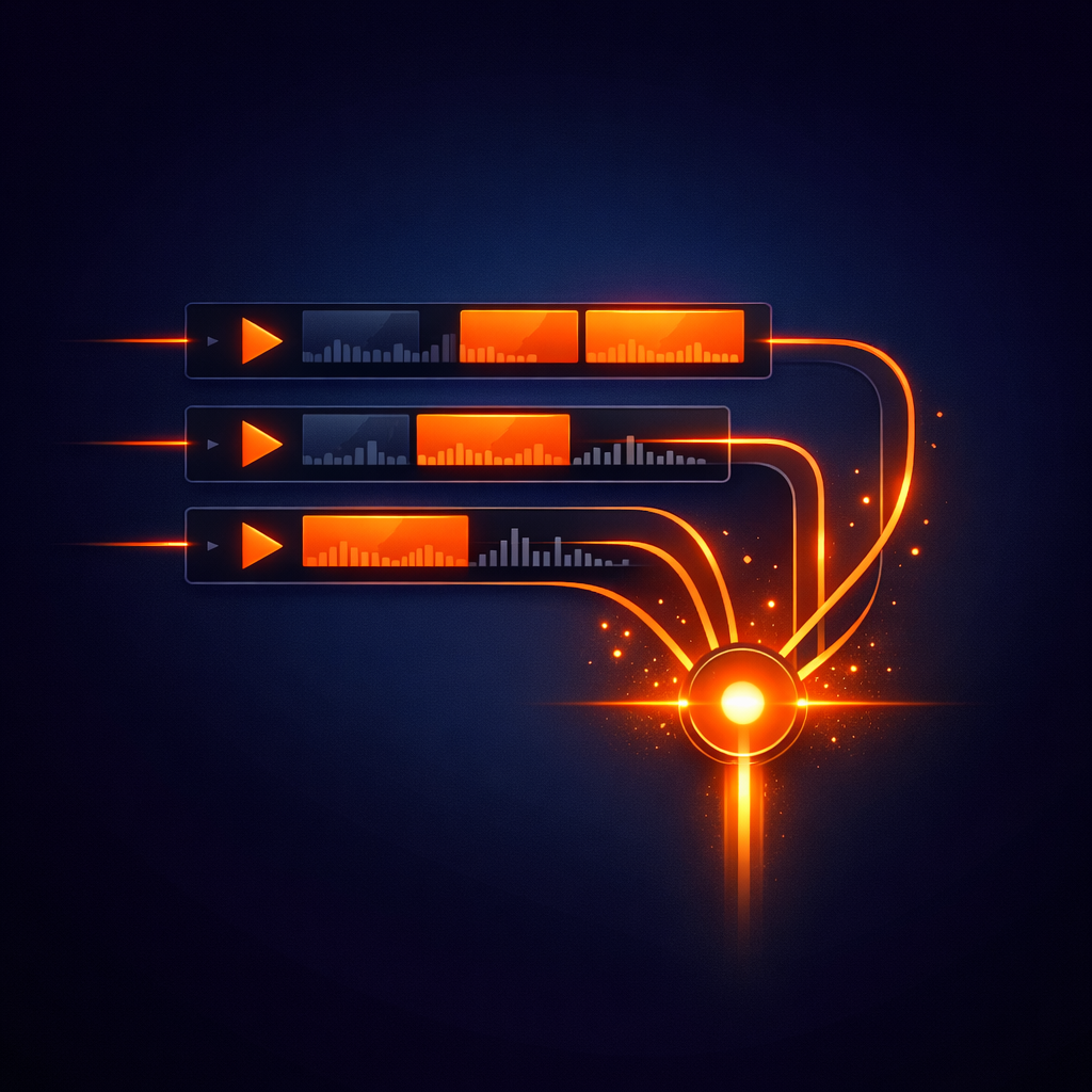 Three parallel tracks of a video timeline merging into a single glowing output node