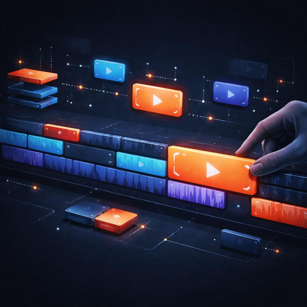 Visualizing the composition of a video timeline from data blocks in VideoFlow. VideoFlow Timeline Composition