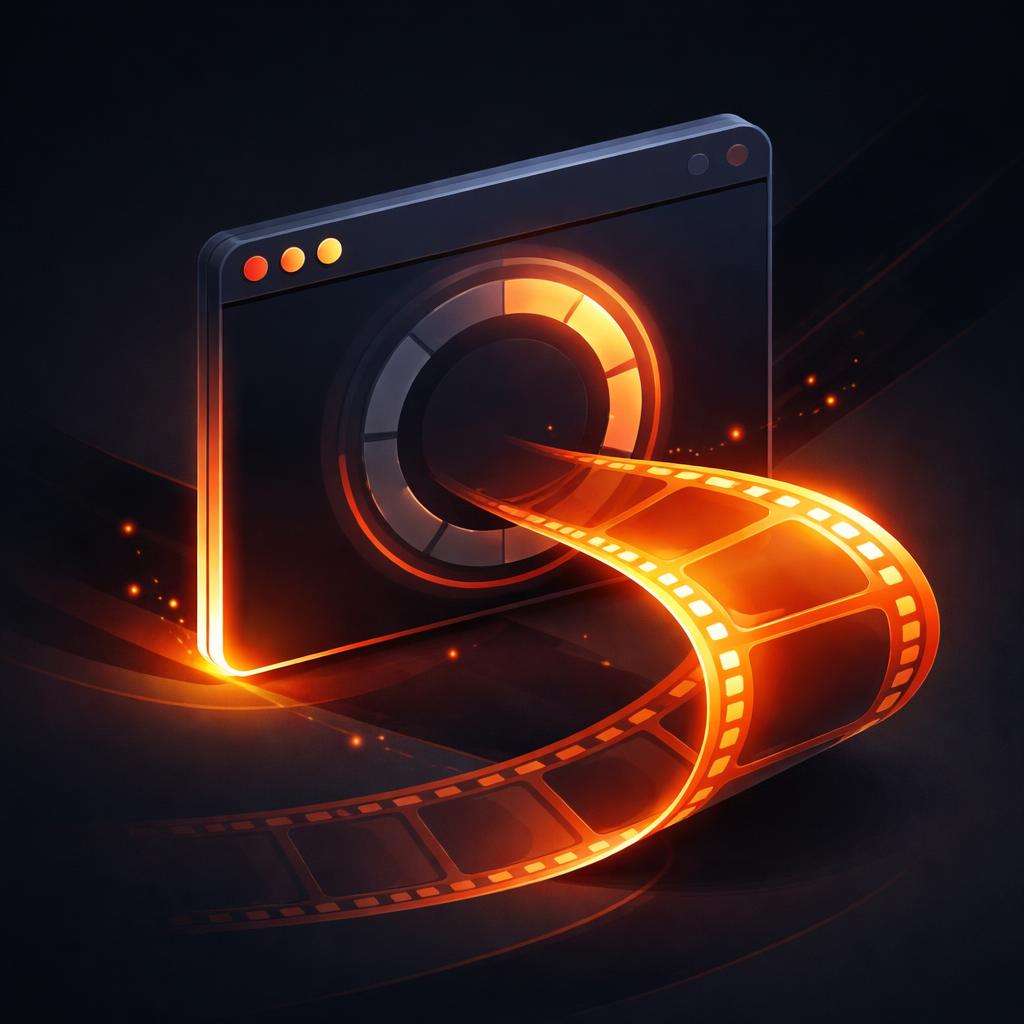 Browser-side video export with VideoFlow A browser window icon with a progress ring, emitting a film strip.