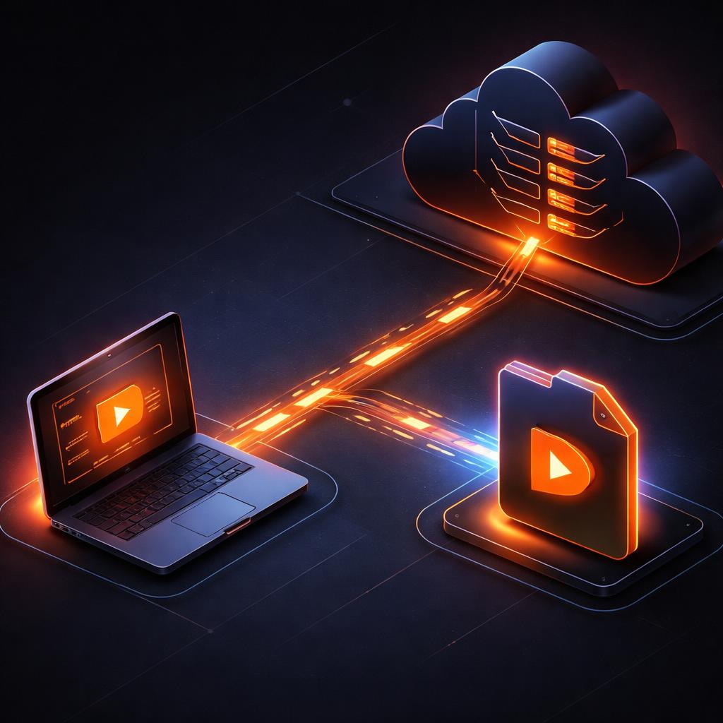 Bypassing server infrastructure with WebCodecs A simplified network diagram showing data flowing directly from a laptop icon to a video file icon, bypassing a server cloud.
