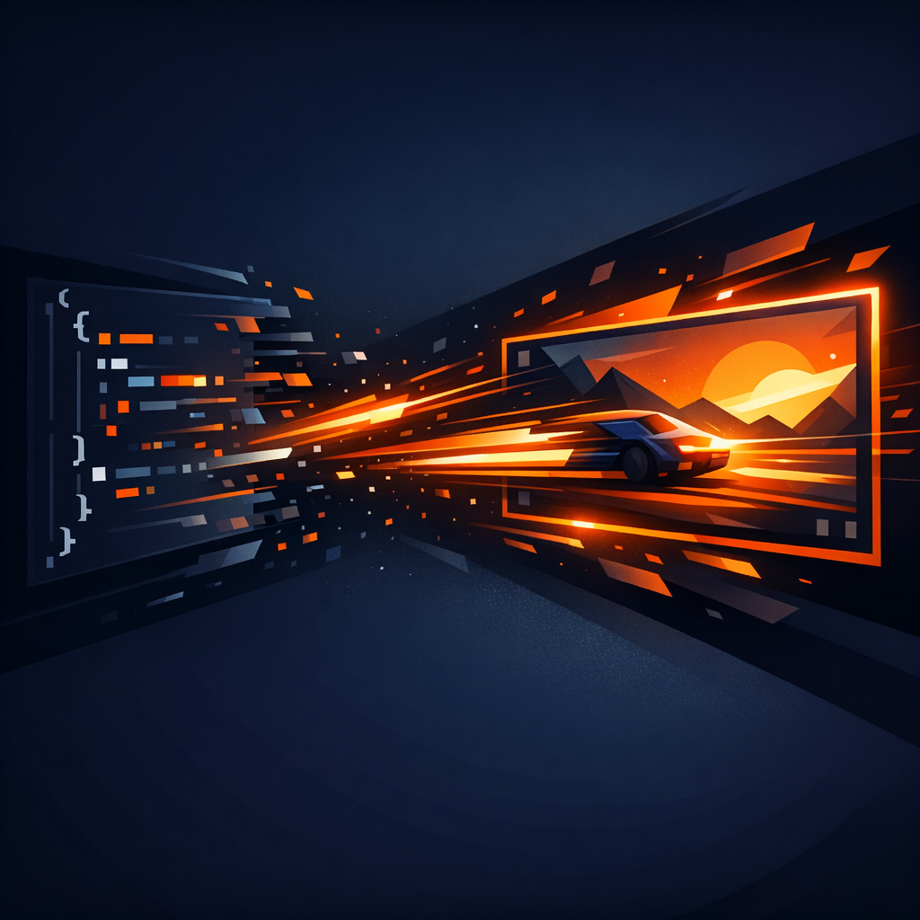 Abstract illustration of a JSON code block transforming into a vibrant video frame. JSON to Video transformation