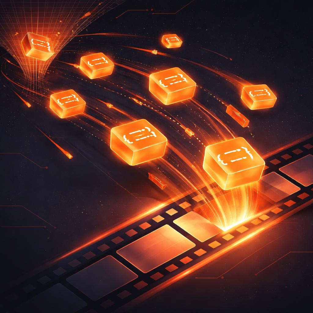 The VideoFlow rendering pipeline turns JSON into MP4 frames entirely in the browser. Abstract visualization of JSON data tokens flowing into a film strip